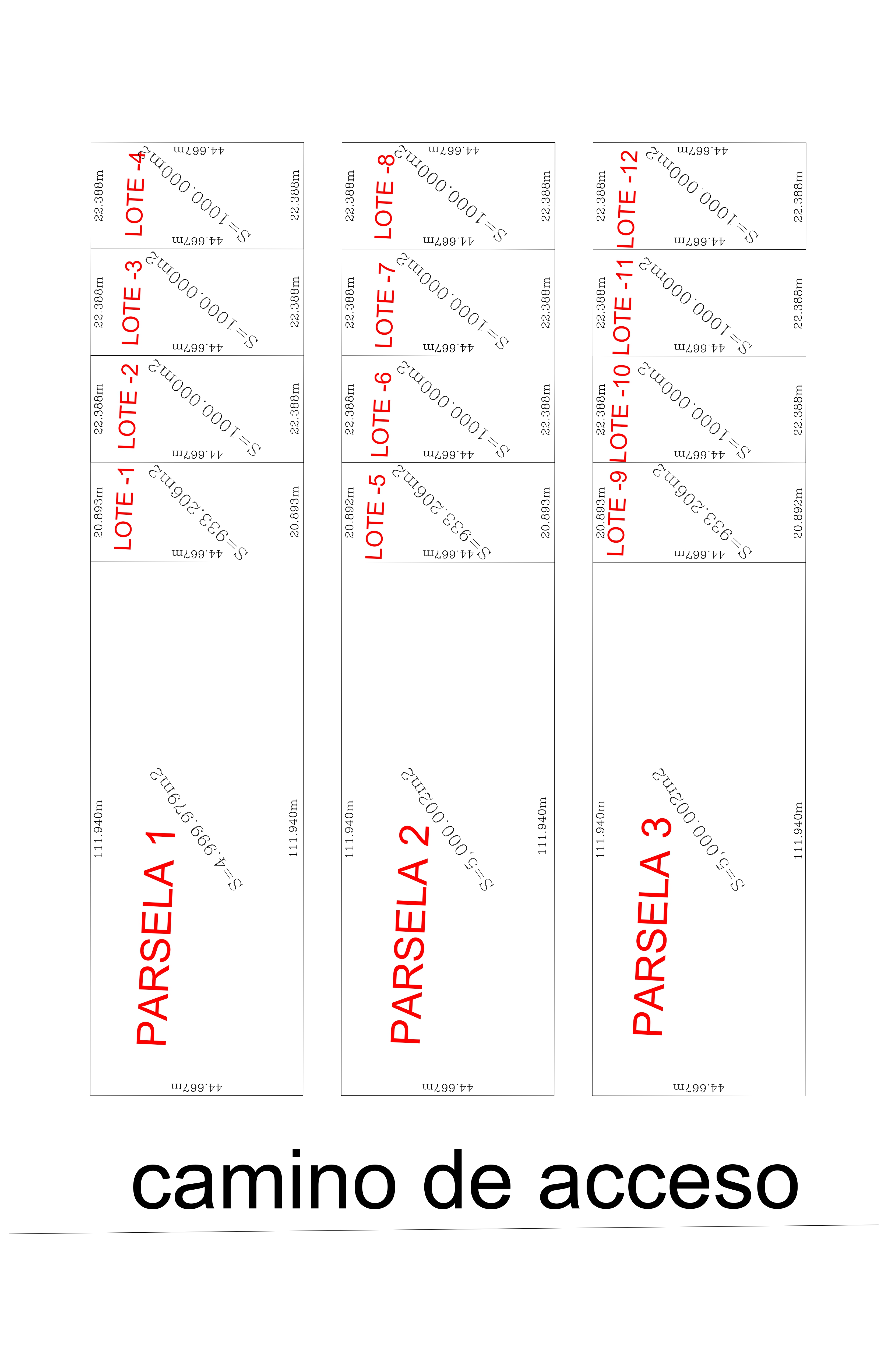 Plano de lotes — Parcelas 1, 2 y 3 con lotes de 1000 m²
